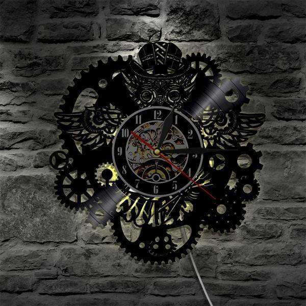 Steampunk LED wandklok uil tandwielen