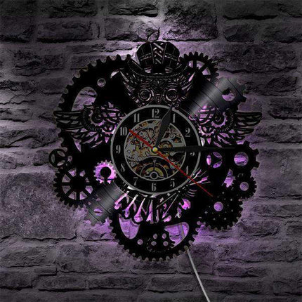 Steampunk LED wandklok uil tandwielen