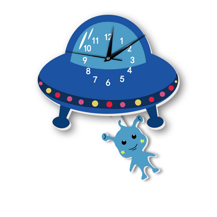 Wandklok vliegende schotel met alien
