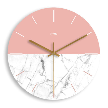 Houten wandklok roze en wit marmerlook