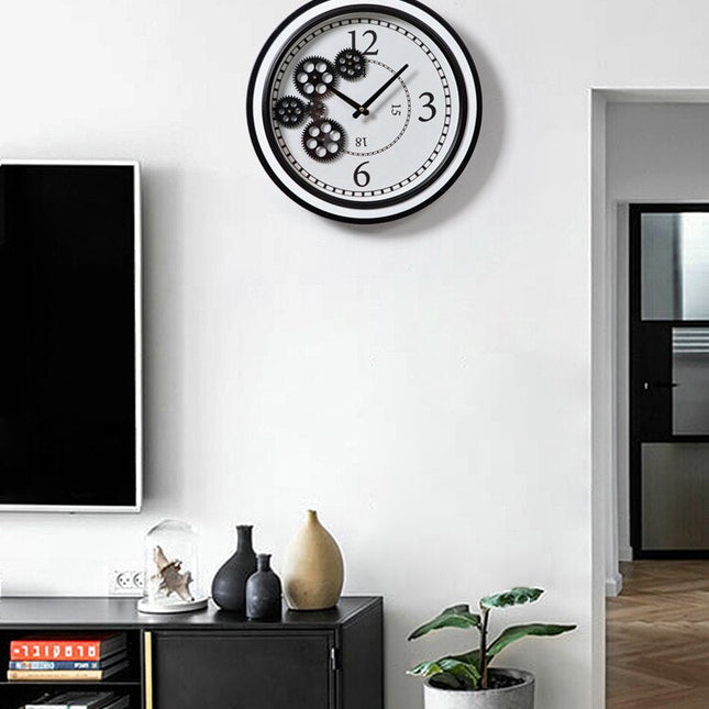 Steampunk wandklok zwart met gouden tandwielen