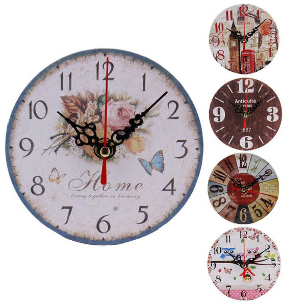 Vintage houten wandklok met bloemen