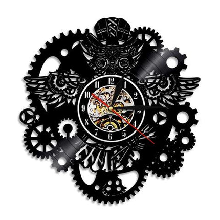 Steampunk LED wandklok uil tandwielen