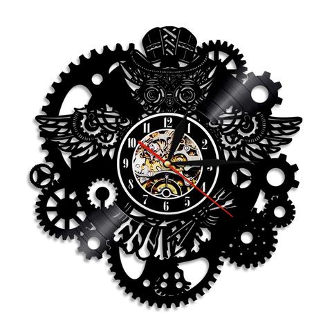 Steampunk LED wandklok uil tandwielen