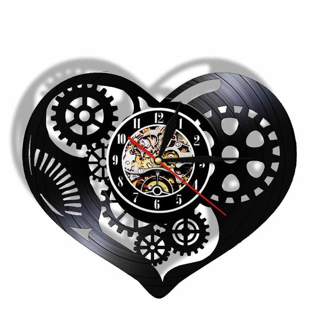 Steampunk wandklok hart van vinylplaat