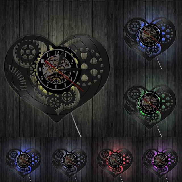 Steampunk wandklok hart van vinylplaat