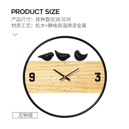 Design houten wandklok met gouden vogels