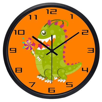 Oranje kinderklok met groene dinosaurus