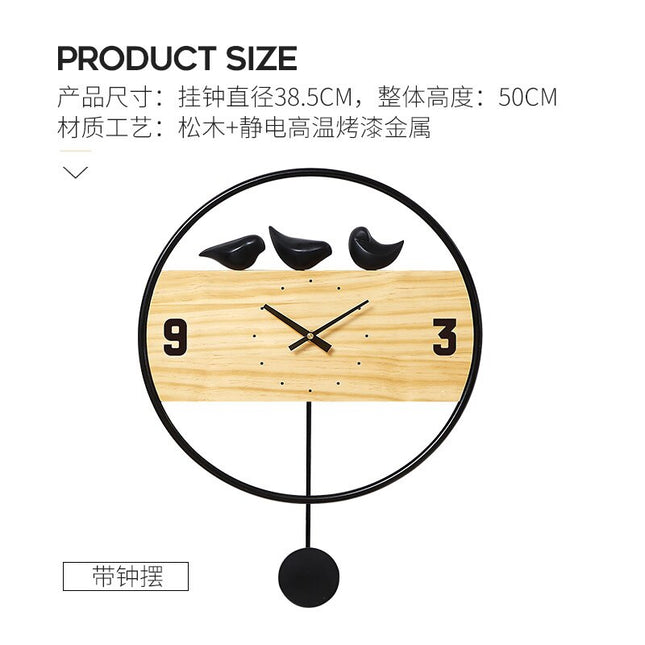 Design houten wandklok met gouden vogels