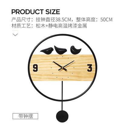 Design houten wandklok met gouden vogels