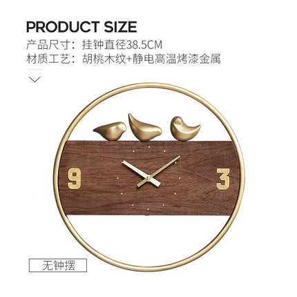 Design houten wandklok met gouden vogels