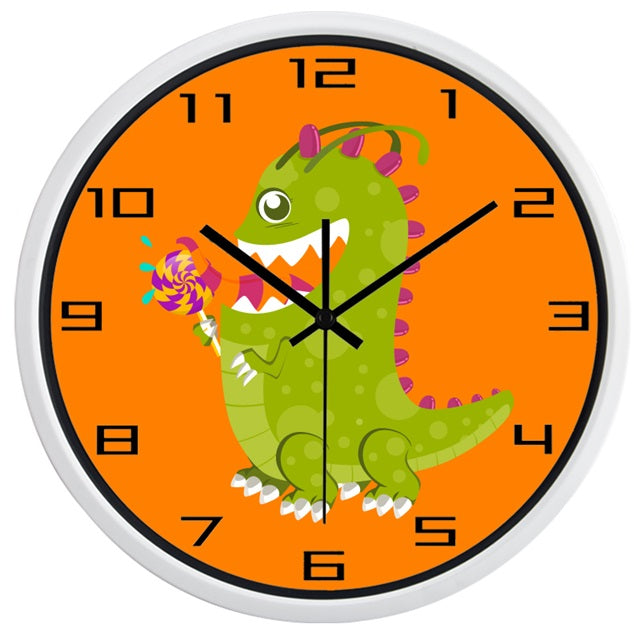 Oranje kinderklok met groene dinosaurus
