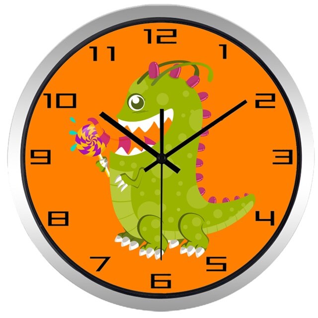 Oranje kinderklok met groene dinosaurus