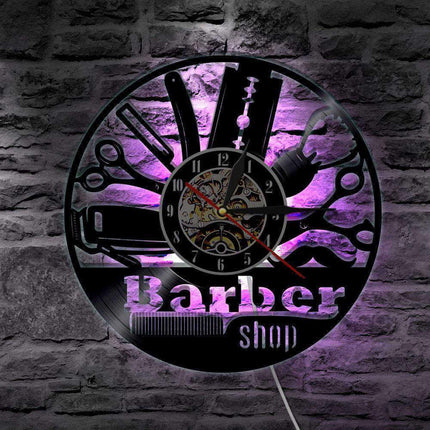 Barbershop LED wandklok van vinylplaat