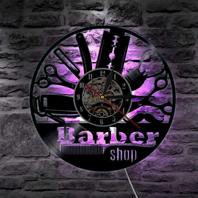 Barbershop LED wandklok van vinylplaat
