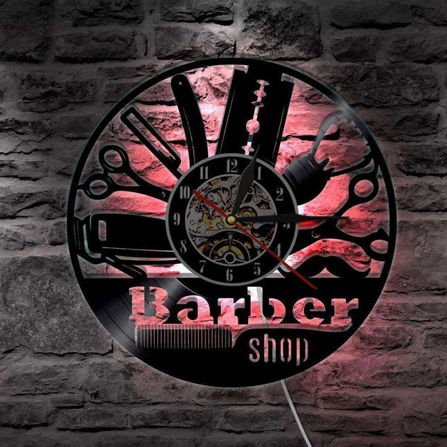 Barbershop LED wandklok van vinylplaat