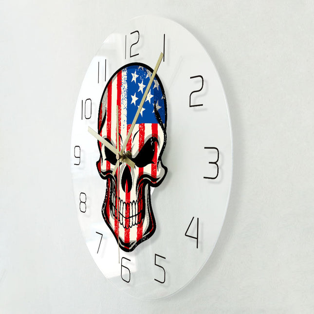 Stoere wandklok doodshoofd USA vlag