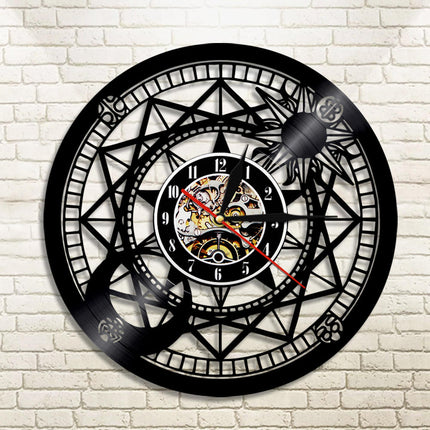 Kompas design wandklok van vinylplaat