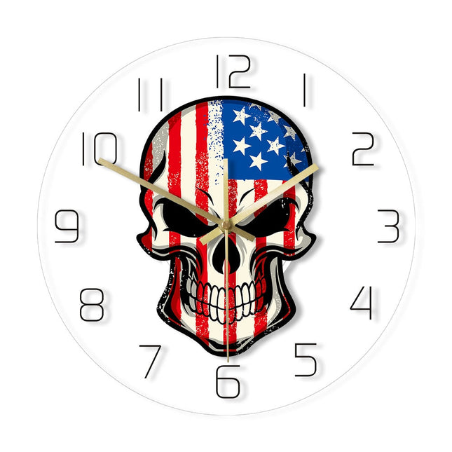 Stoere wandklok doodshoofd USA vlag
