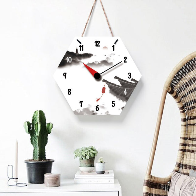 Zeshoekige wandklok met Japanse landschap print