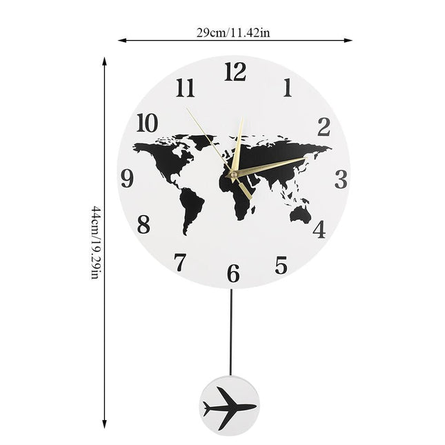 Wereldkaart wandklok met slinger vliegtuig
