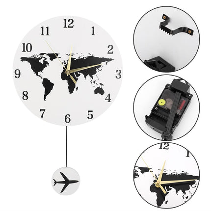 Wereldkaart wandklok met slinger vliegtuig