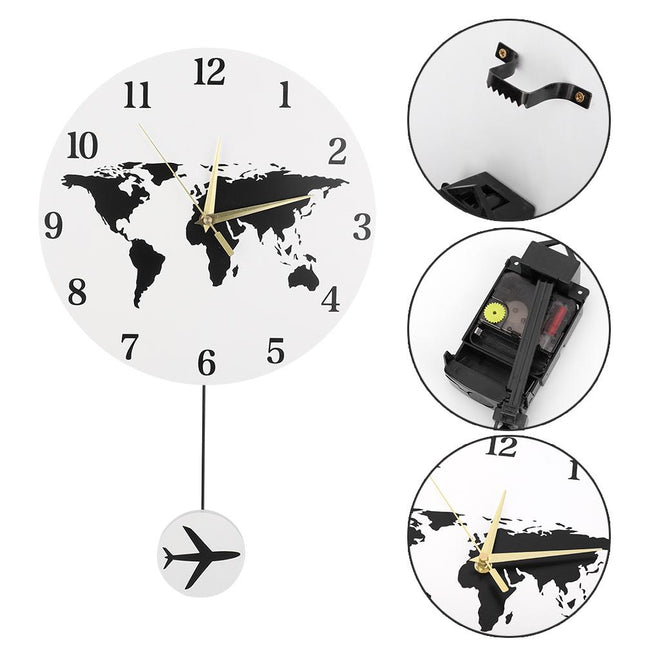 Wereldkaart wandklok met slinger vliegtuig
