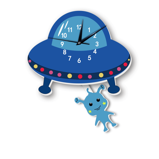 Wandklok vliegende schotel met alien