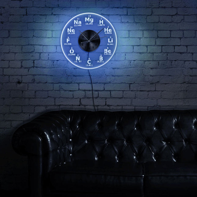 Periodiek systeem wandklok met led licht