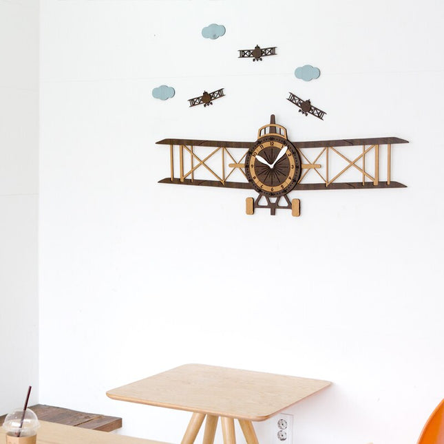 Houten vliegtuig wandklok voor kinderkamer