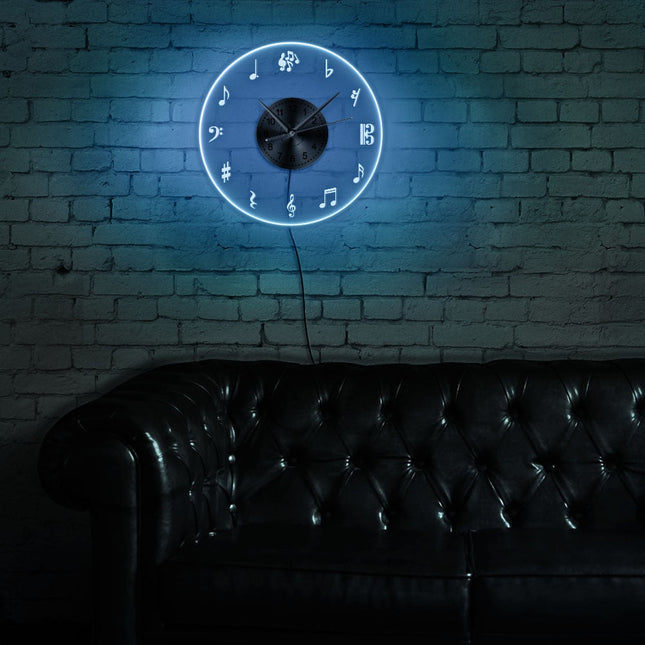 Wandklok met muzieknoten en led licht