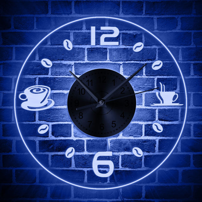 Koffie thema wandklok met led verlichting