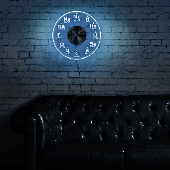 Periodiek systeem wandklok met led licht