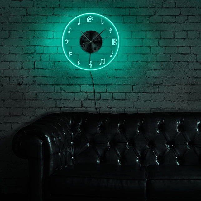 Wandklok met muzieknoten en led licht