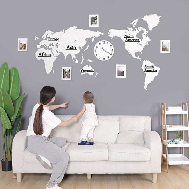 Houten wereldkaart sticker klok decoratie