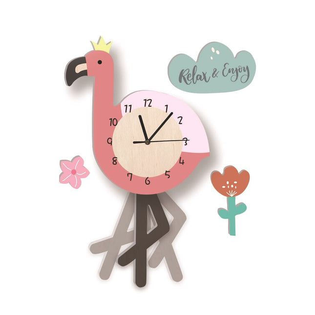 Wandklok kinderkamer met roze flamingo