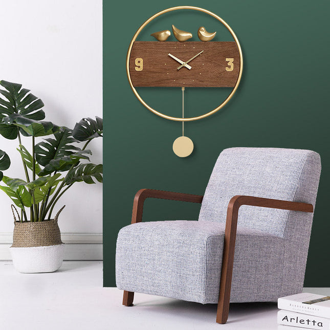 Design houten wandklok met gouden vogels
