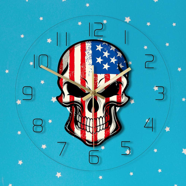 Stoere wandklok doodshoofd USA vlag