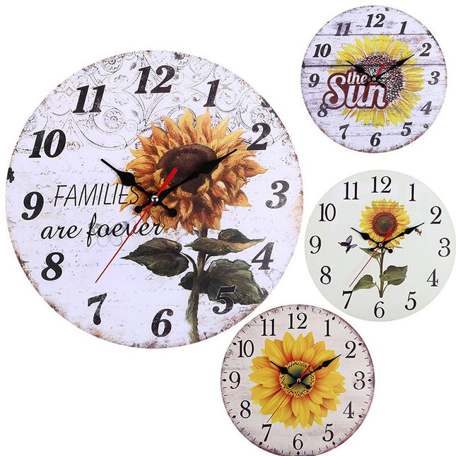 Landelijke houten wandklok met zonnebloem