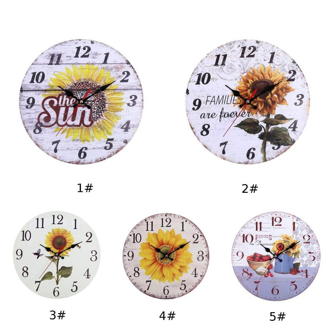 Landelijke houten wandklok met zonnebloem