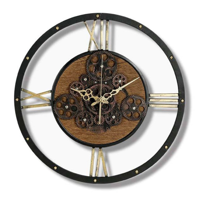 Wandklok met draaiende tandwielen industrieel