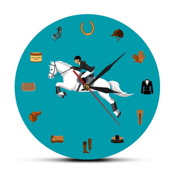 Blauwe wandklok met paardensport thema