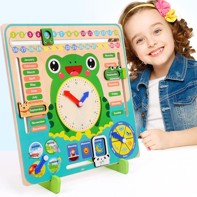 Houten speelgoedklok kikker met kalender
