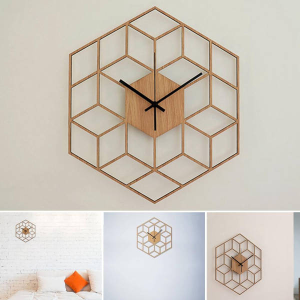 Geometrische houten wandklok kubus design