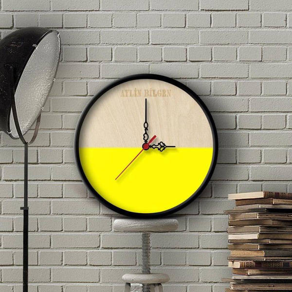 Ronde wandklok half hout half geel