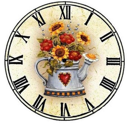 Landelijke wandklok met bloemen en gieter