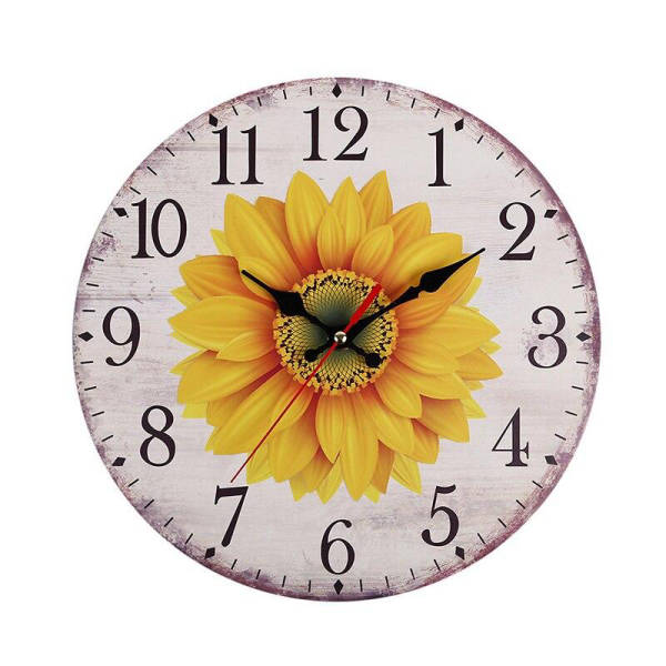 Landelijke houten wandklok met zonnebloem
