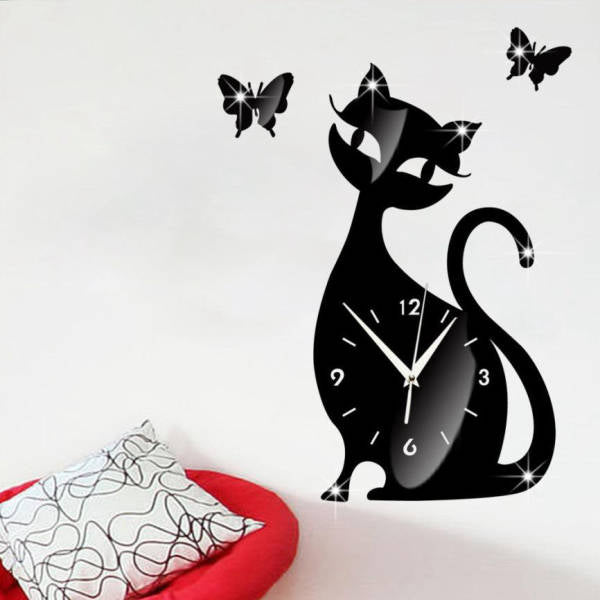 3D wandklok met kat en vlinders