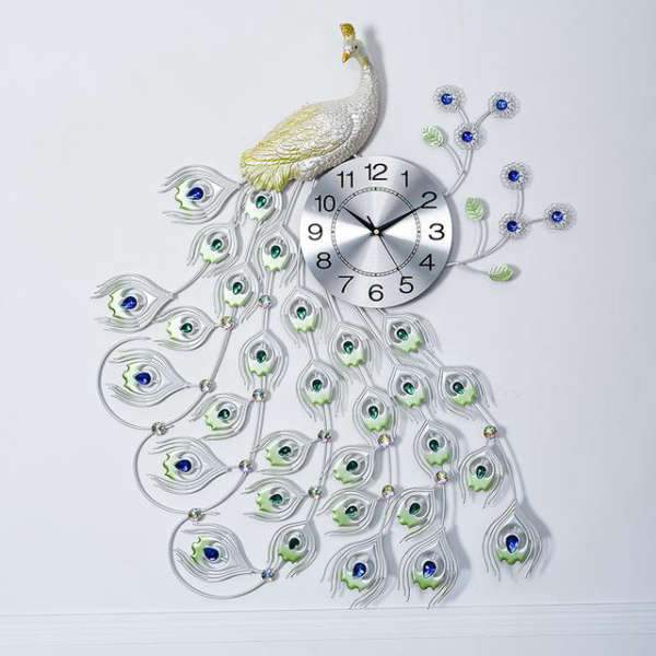 Grote zilveren pauw wandklok design