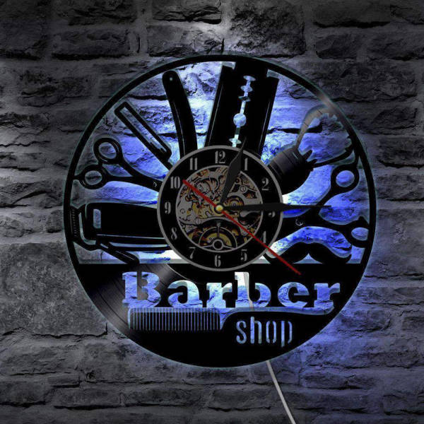 Barbershop LED wandklok van vinylplaat